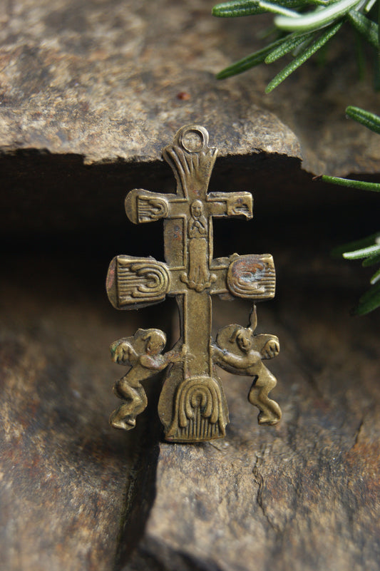 Antique Hand-Crafted Brass Orthodox Cross Pendant