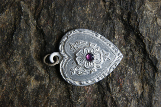 1950s Vintage Heart Pendant with Floral Engraving & Amethyst Accent