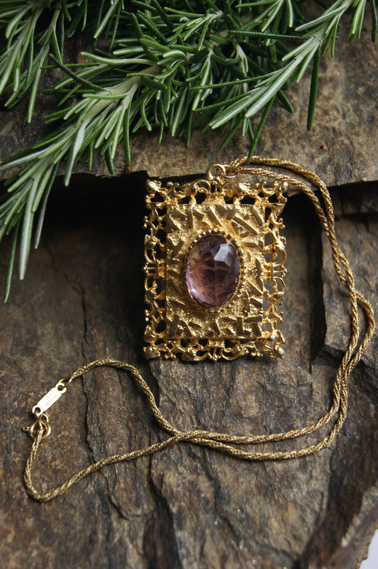 1990s Hollywood Gold Reliquary Necklace with Amethyst Stone