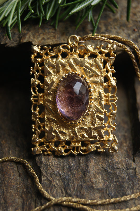 1990s Hollywood Gold Reliquary Necklace with Amethyst Stone