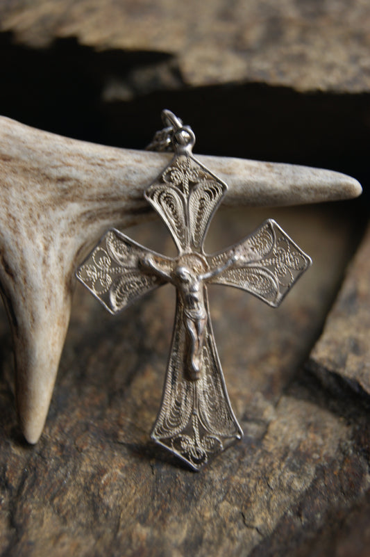 Antique Silver Crucifix Pendant – Religious Cross with Ornate Filigree Detail