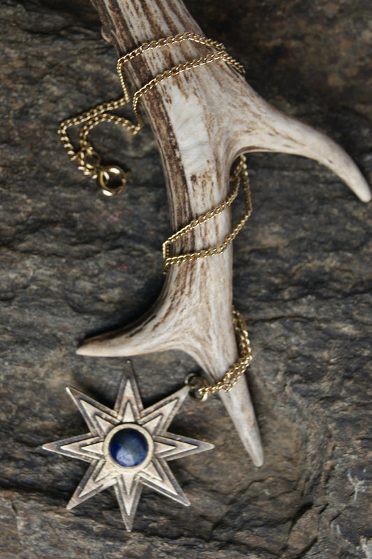 1970s Celestial Star Burst Necklace with Blue Cabochon Center