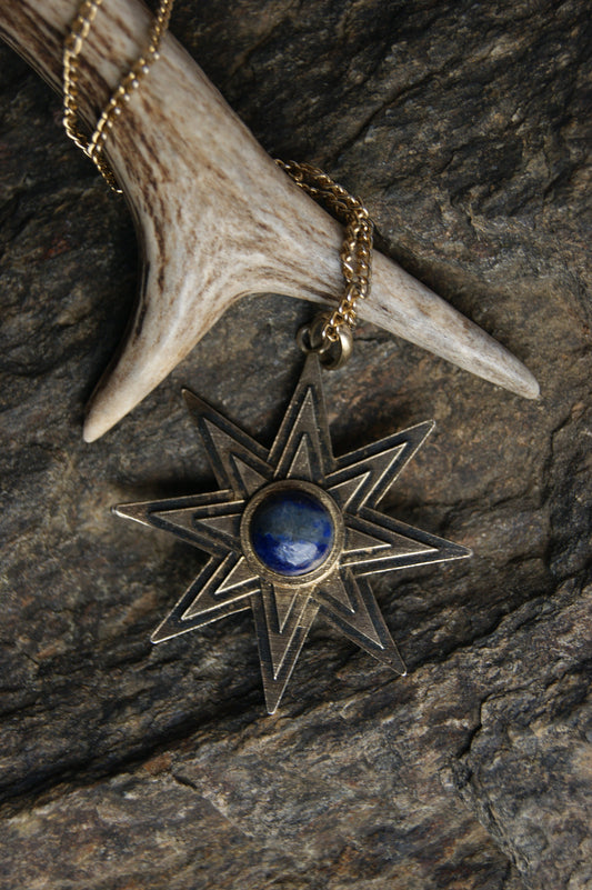 1970s Celestial Star Burst Necklace with Blue Cabochon Center