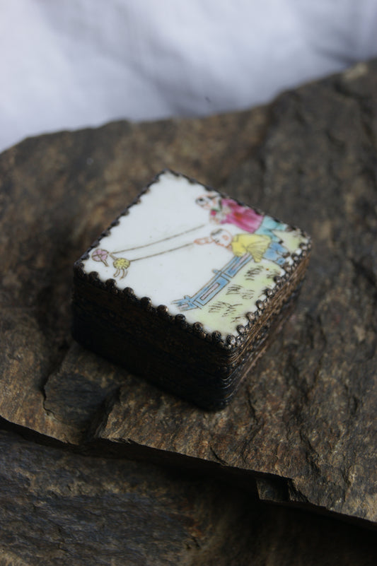 Antique Miniature Porcelain & Brass Box with Mirror