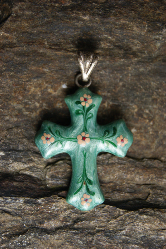 Penjoll de creu d'esmalt floral dels anys 70 en verd jade iridescent