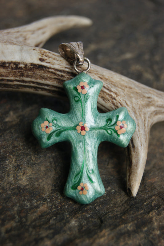 Penjoll de creu d'esmalt floral dels anys 70 en verd jade iridescent