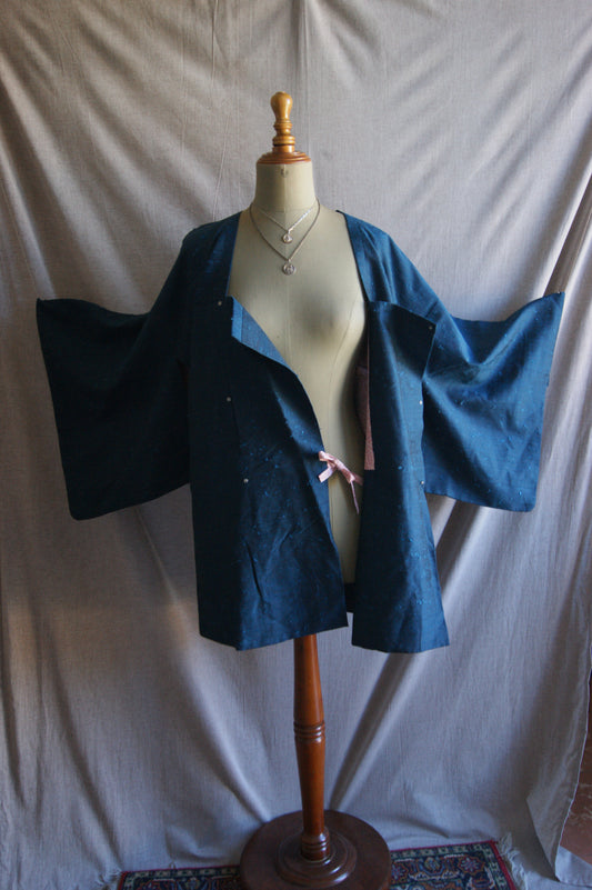 1960s Japanese Thick Hand-Crafted Indigo Maple Textured Haori Kimono Jacket