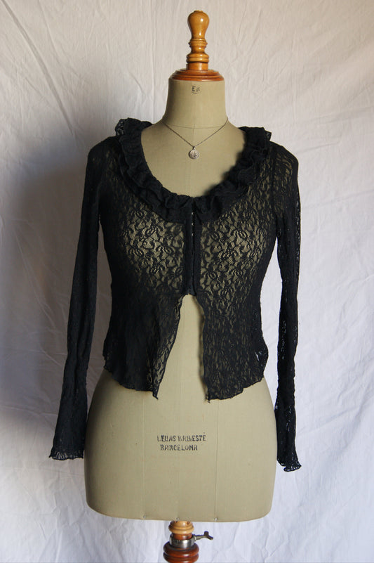 1990s Whimsigothic Black Lace Cropped Cardigan with Ruffle Collar - S