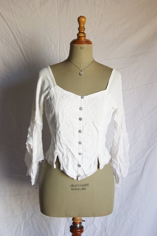 1990s Embroidered White Peasant Blouse with Corset Back and Bell Sleeves - M