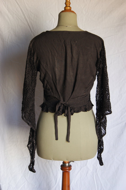 1990s Deep Brown Embroidered Cropped Blouse with Crochet Fishnet Sleeves and Back Tie - M