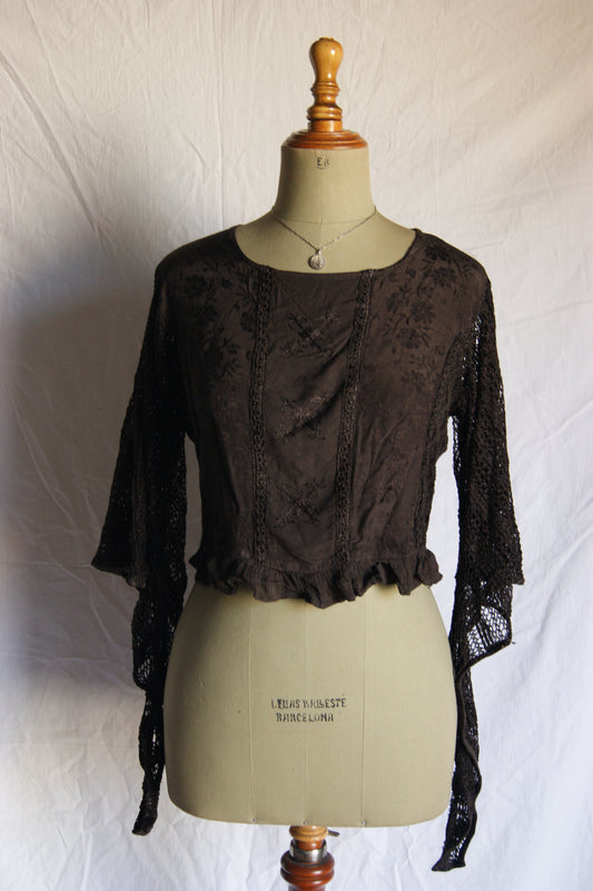 1990s Deep Brown Embroidered Cropped Blouse with Crochet Fishnet Sleeves and Back Tie - M