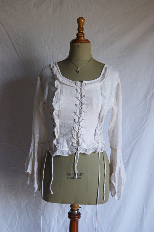 1990s Cream Cotton Peasant Blouse with Corset Lacing and Embroidered Bell Sleeves - S/M