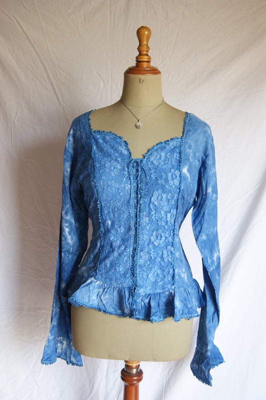 1990s Italian Celestial Blue Peasant Blouse with Lace-Up Bodice and Bell Sleeves - L/XL
