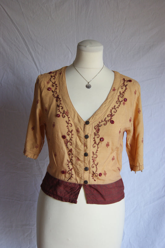 1990s Indian Hand-Embroidered Cotton Cardigan with Mirror Sequins in Golden Ochre - S
