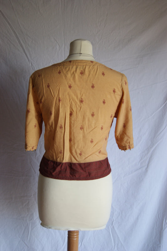 1990s Indian Hand-Embroidered Cotton Cardigan with Mirror Sequins in Golden Ochre - S