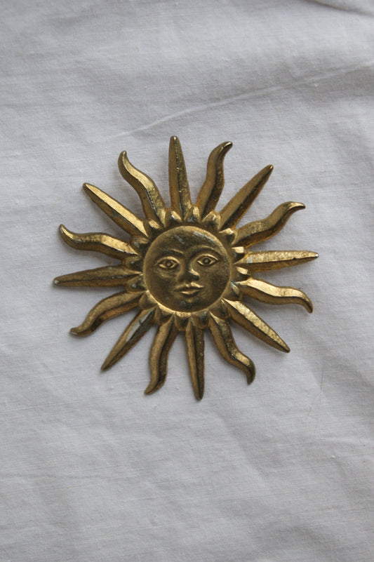 1980s Brass Celestial Sun Face Brooch with Radiating Flame Rays