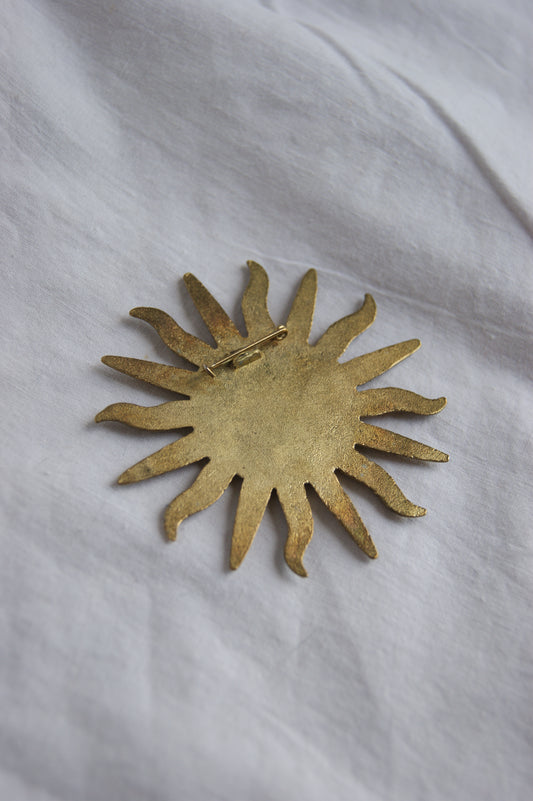 1980s Brass Celestial Sun Face Brooch with Radiating Flame Rays