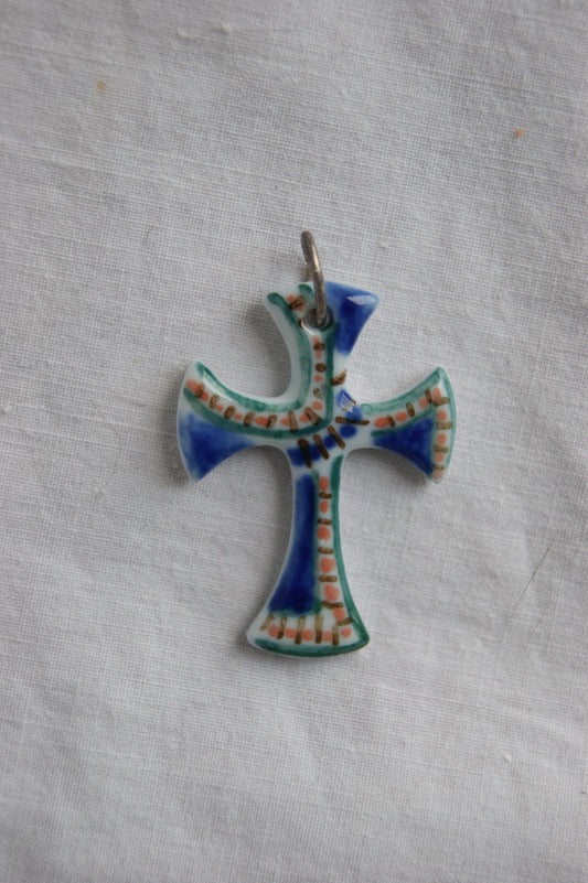 Handcrafted Ceramic Byzantine Cross Pendant with Sacred Glazes