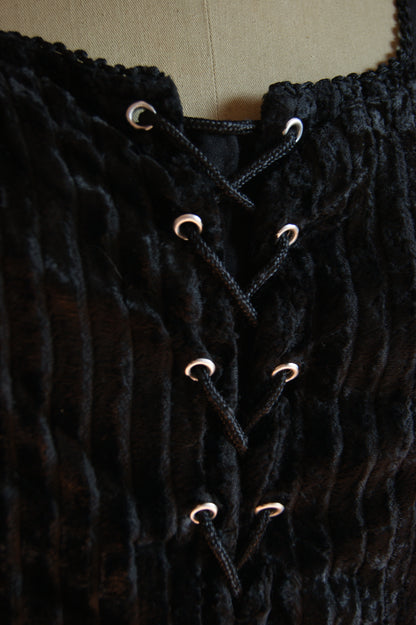 1990s Black Embroidered Blouse with Velvet Front Panel - L