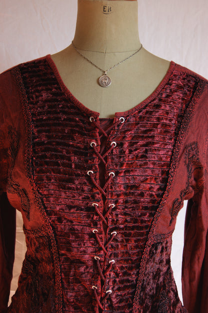 1990s Burgundy Lace-Up Blouse with Velvet Front Panel - L