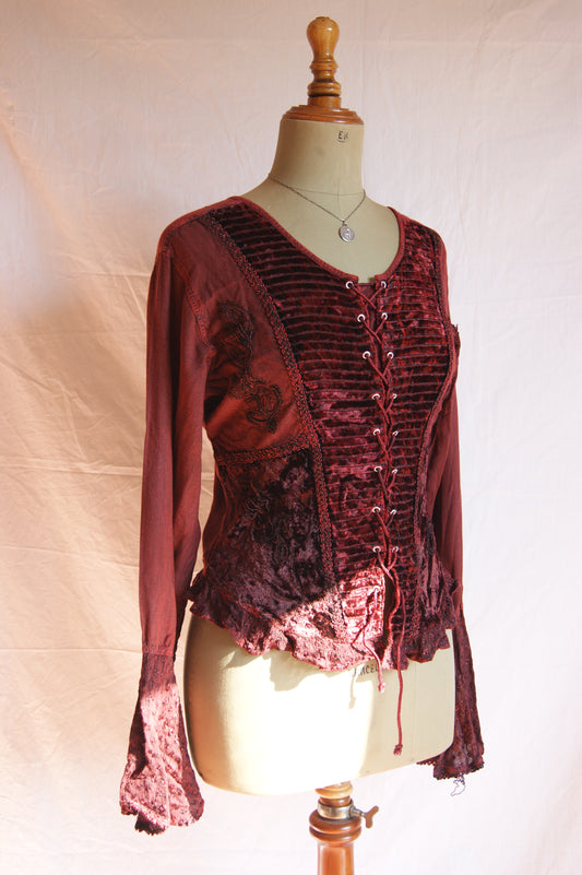 1990s Burgundy Lace-Up Blouse with Velvet Front Panel - L