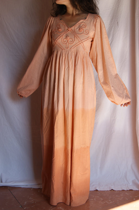 1970s Apricot Hand-Embroidered Raw Cotton Dress - S/M