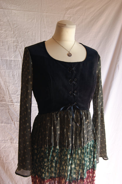 1980s Tiered Floral Dress with Lace-Up Velvet Bodice - S
