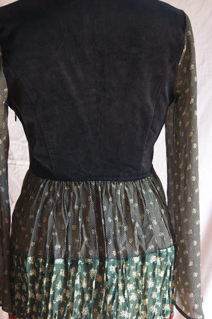 1980s Tiered Floral Dress with Lace-Up Velvet Bodice - S