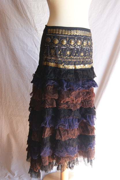 1990s Tiered Ruffle Skirt with Metallic Coin Belt - M
