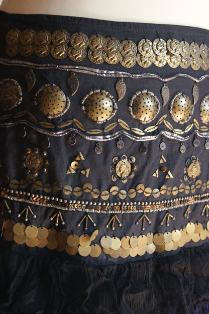 1990s Tiered Ruffle Skirt with Metallic Coin Belt - M