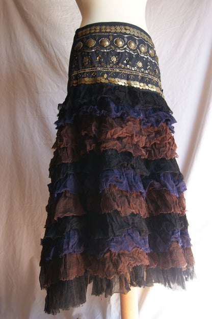 1990s Tiered Ruffle Skirt with Metallic Coin Belt - M