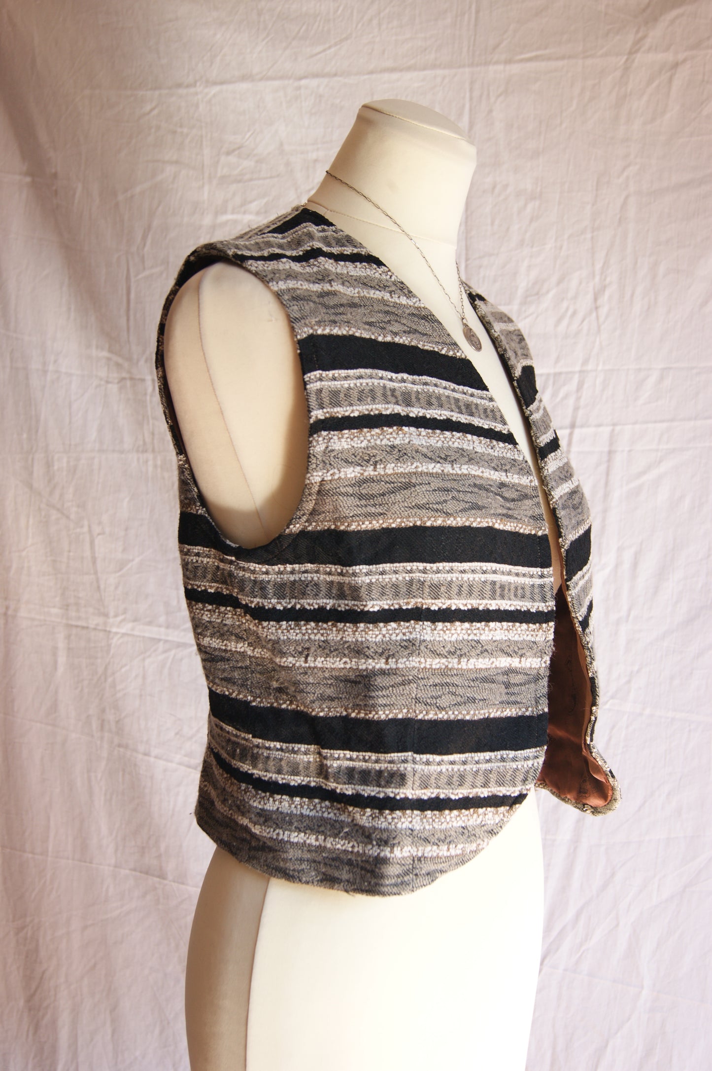 1970s Handmade Cotton Tapestry Vest with Brown Satin Lining - XS/S