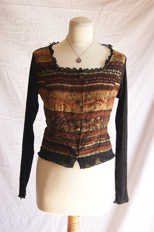 1990s Autumn Tapestry Bodice with Scalloped Trim - S