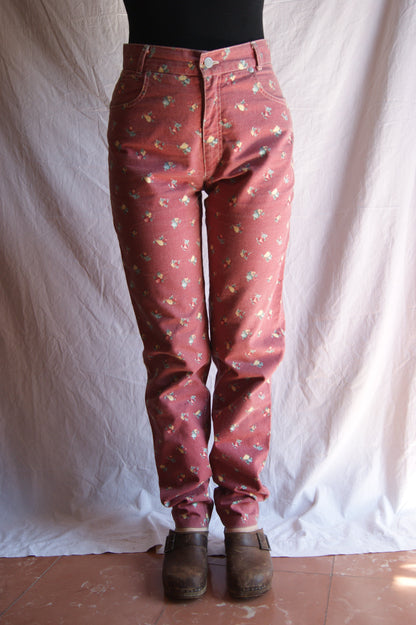 1980s Rose Meadow Fruit Print High-Waisted Trousers - M