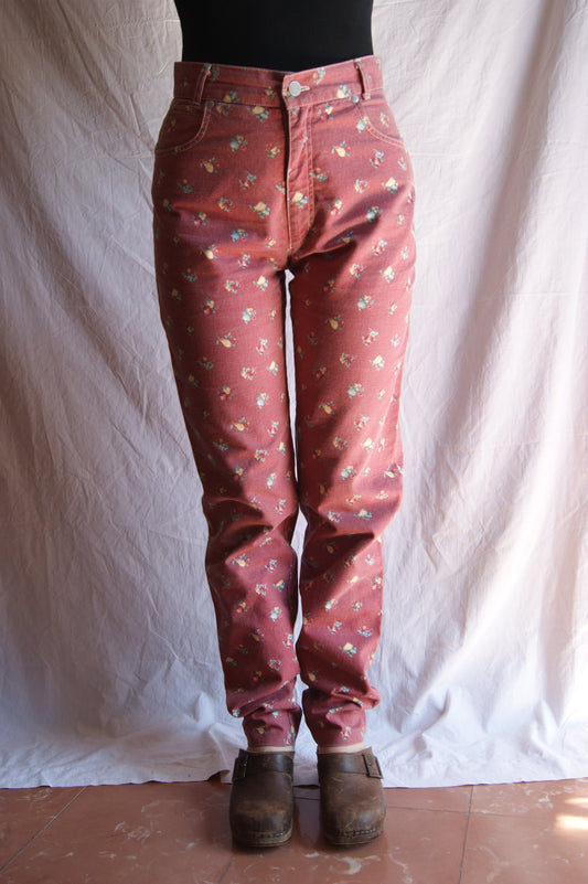 1980s Rose Meadow Fruit Print High-Waisted Trousers - M