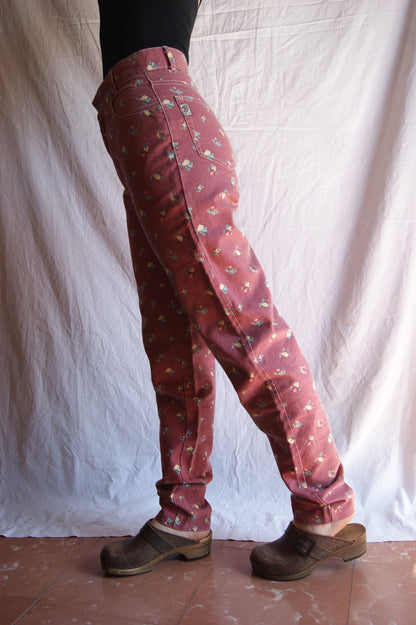 1980s Rose Meadow Fruit Print High-Waisted Trousers - M