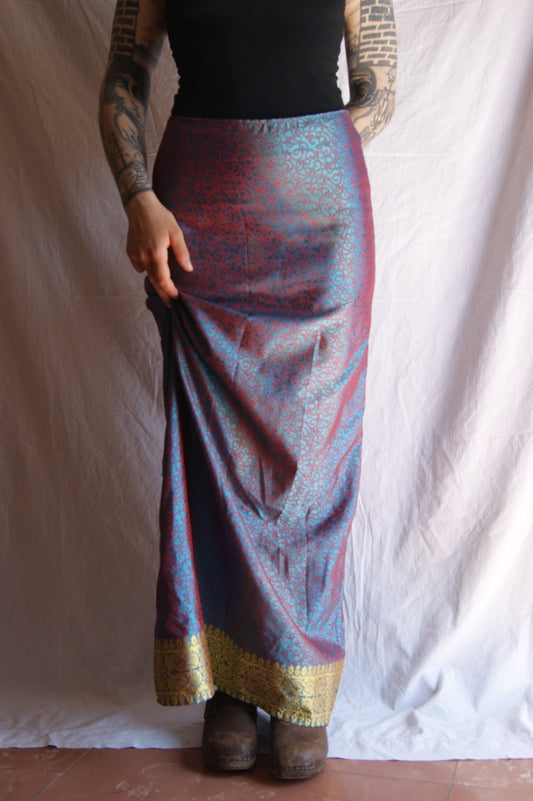 1990s Iridescent Maxi Skirt with Golden Trim - S