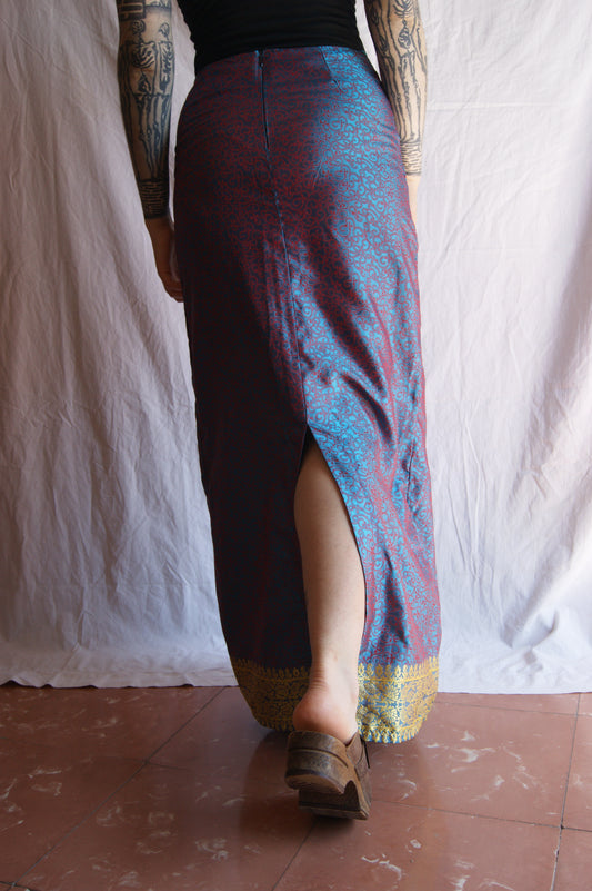 1990s Iridescent Maxi Skirt with Golden Trim - S