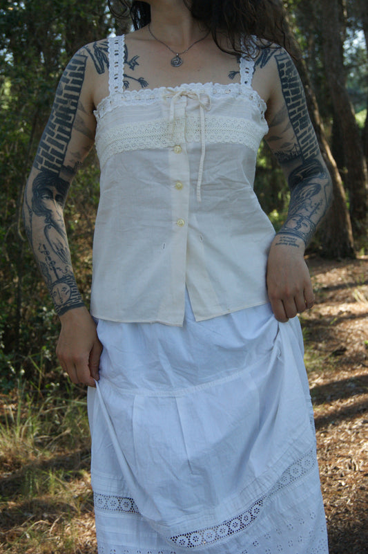 1940s Hand-Made Pale Salmon Cotton Camisole with Lace Trim Bodice - S/M