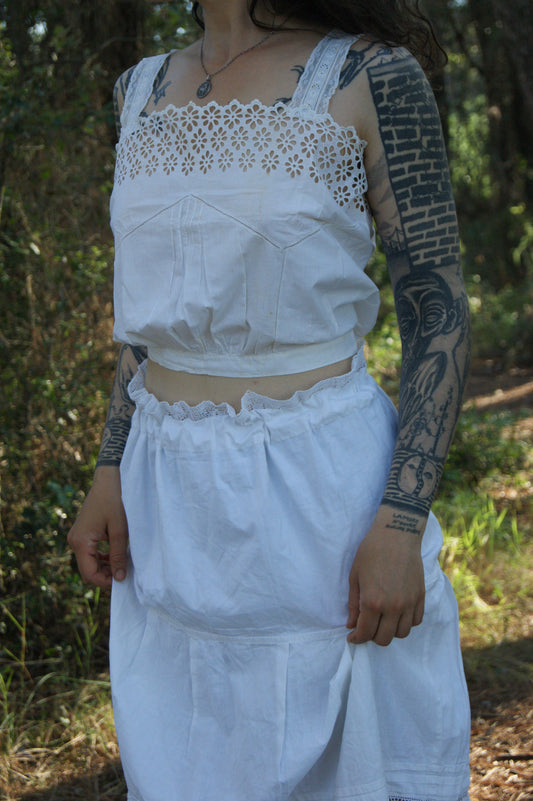 1800s Hand-Stitched Cotton Corset Cover with Eyelet Lacework - S