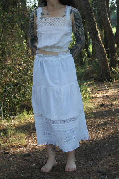 1800s Hand-Stitched Cotton Corset Cover with Eyelet Lacework - S