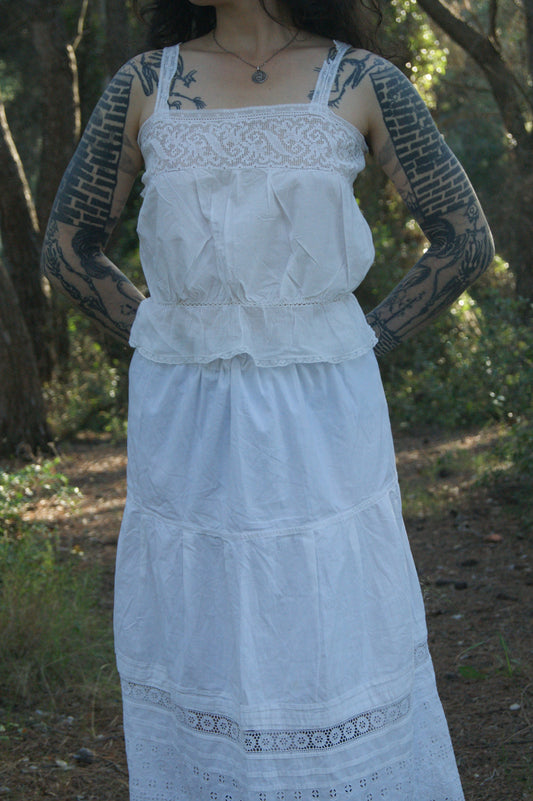 Late 1800s Antique White Cotton Camisole with Hand-Crocheted Lace Trim