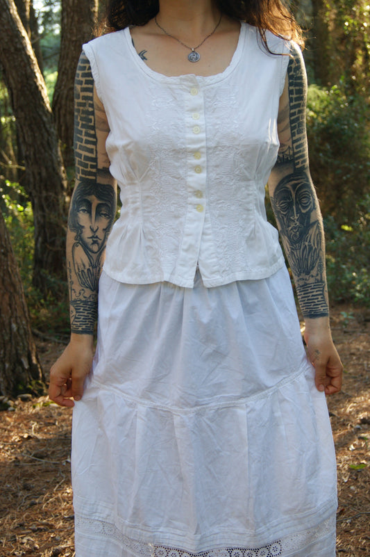 1980s White Cotton Peasant Blouse with Intricate Embroidered Trim - M/L