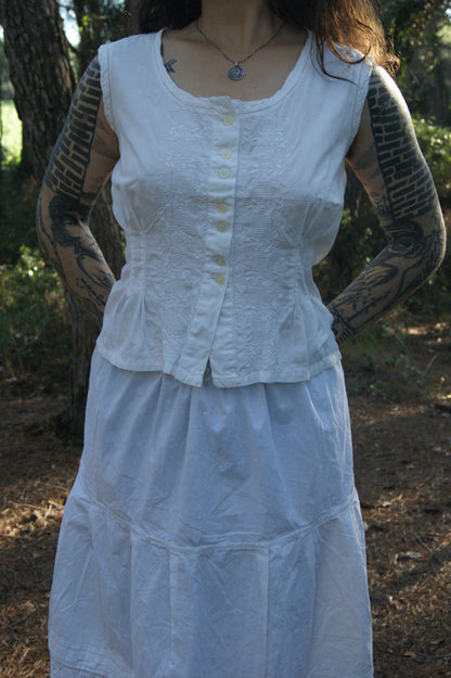 1980s White Cotton Peasant Blouse with Intricate Embroidered Trim - M/L