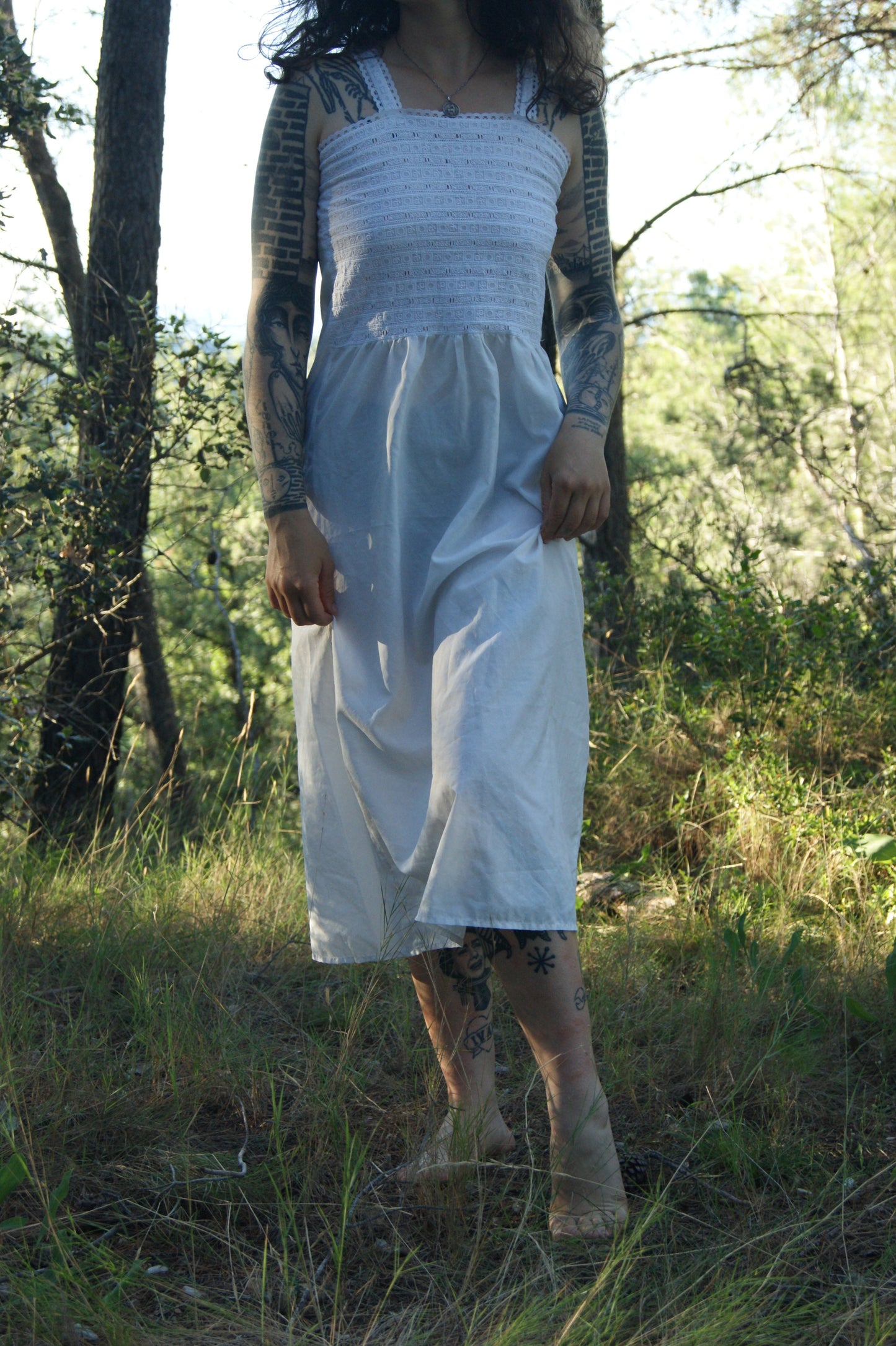 1970s Embroidered Cotton Nightgown/Sundress with Cutwork Detail - S