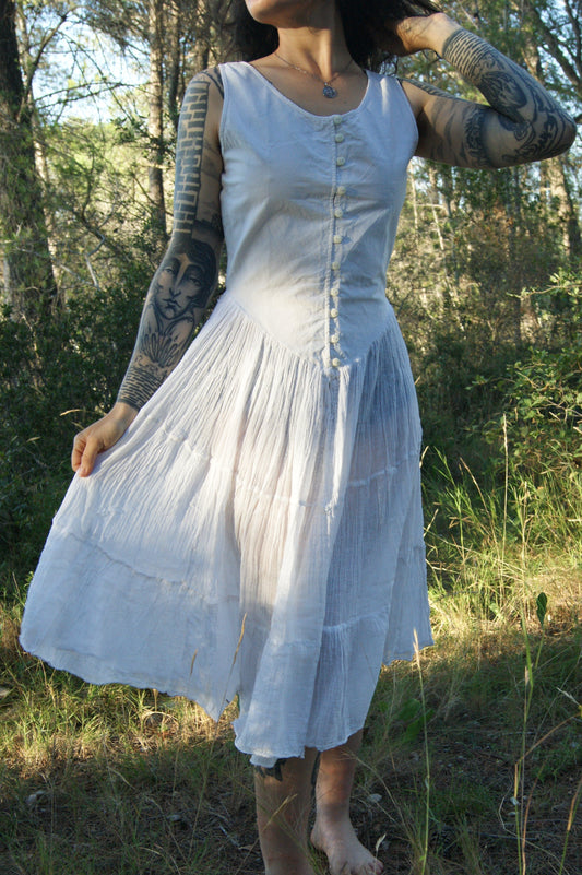 Antique 1800s/1900s Hand-Made Cotton Corset Cover with Tiered Skirt - S