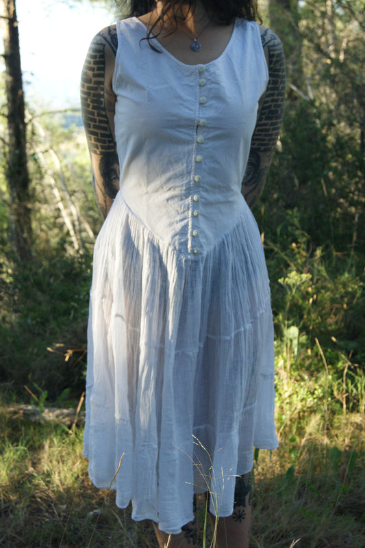 Antique 1800s/1900s Hand-Made Cotton Corset Cover with Tiered Skirt - S