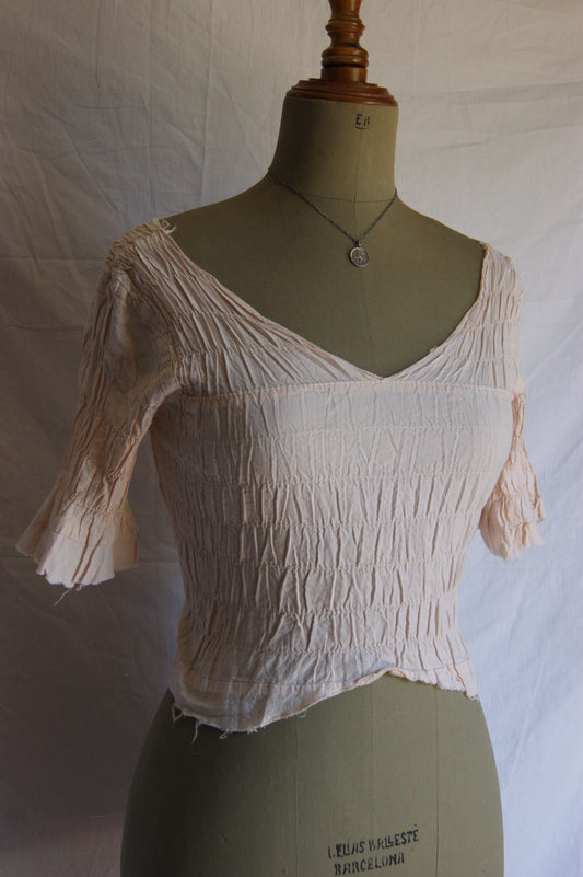 1970s Raw Smocked Peasant Blouse Cotton - XS/S