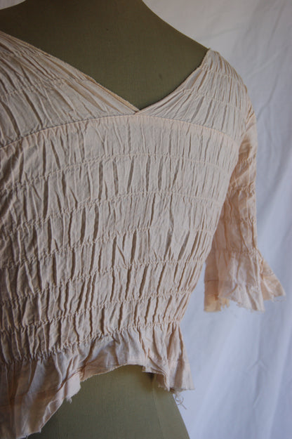 1970s Raw Smocked Peasant Blouse Cotton - XS/S