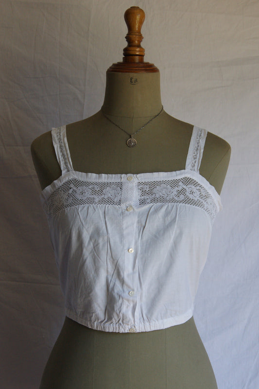 Late 1800s Hand-Made Cotton Corset Cover with Lacework - S